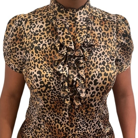 Worthington blouse woman’s cheetah print high neckline ruffle button top Sz XL - Picture 1 of 8